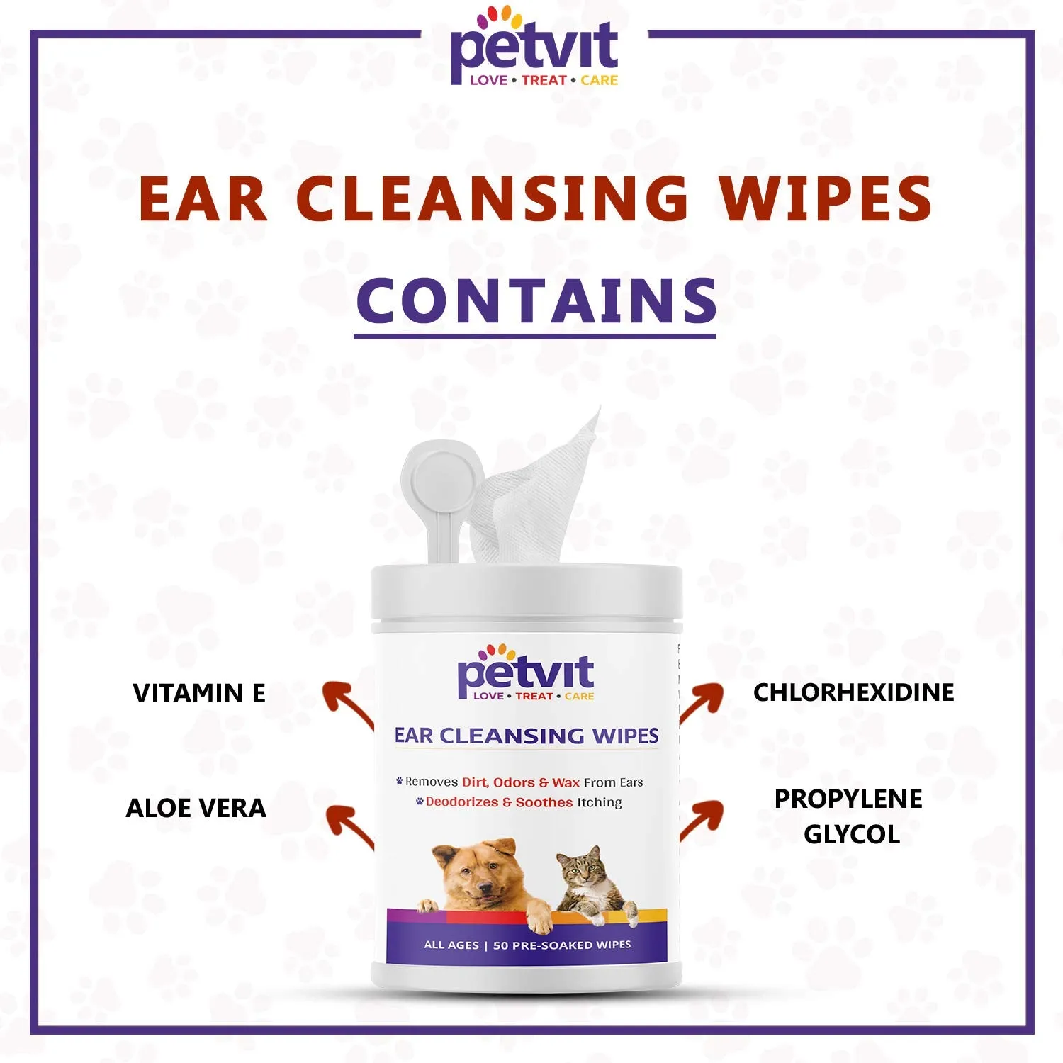 Petvit Dog Wipes for cleaning Ear | Wet Wipes for Dog - Cleans Ears & Face | Dog Wet Wipes for grooming | Pack of 1 | 50 Count