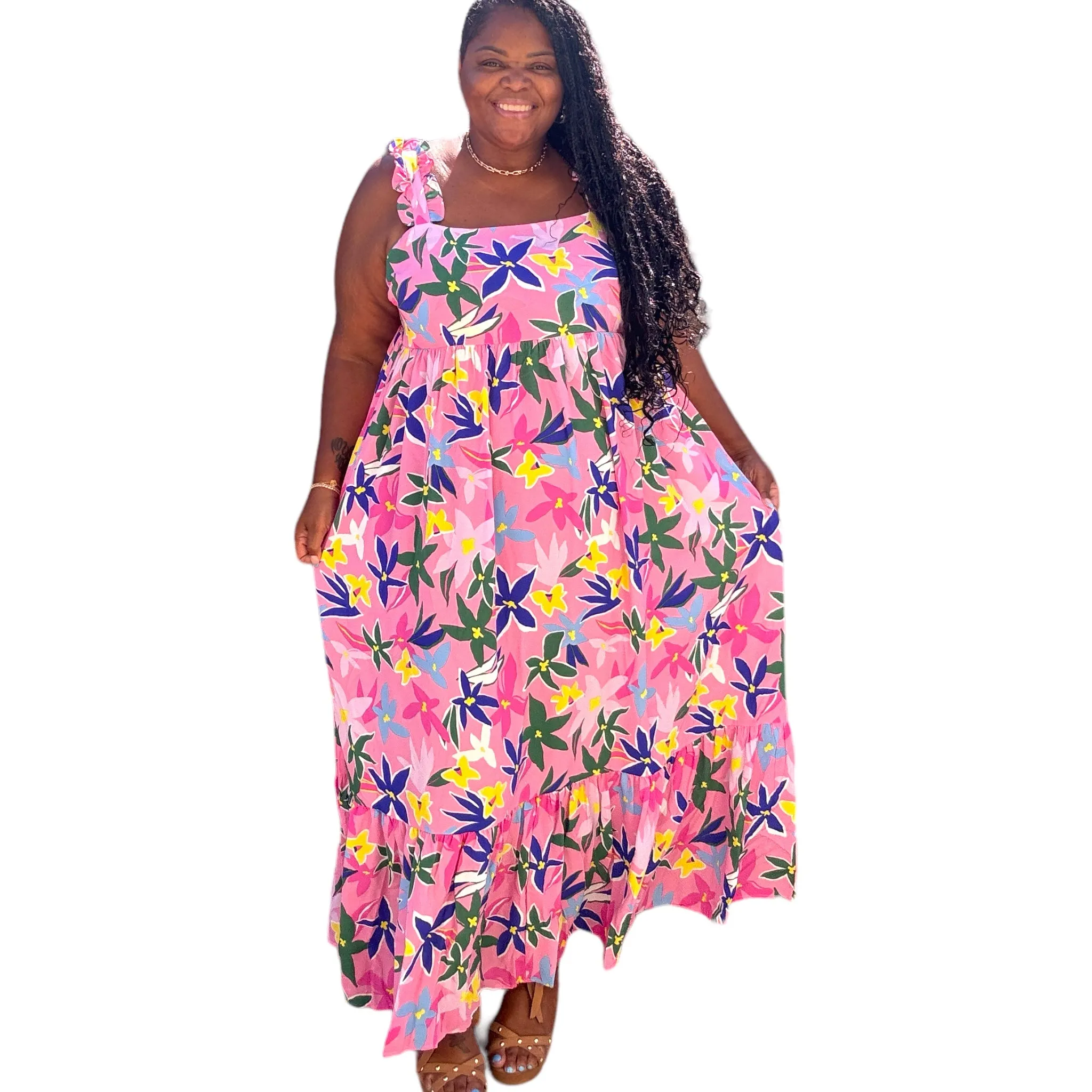 Pink Plus Size Floral Print Babydoll Maxi Dress