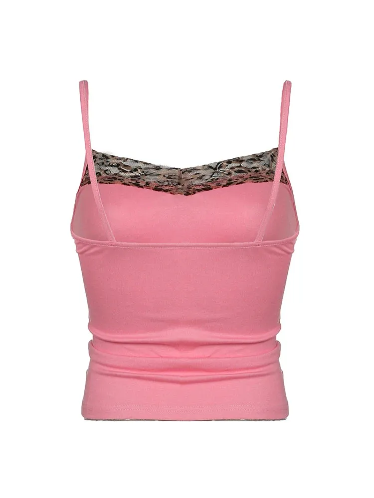 Pink Sweet Cute Camisole Leopard Contrast Patchwork Y2K Crop Top For Women Sleeveless Slim Kawaii 2000s Tank Vest