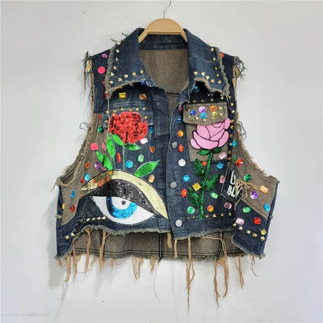 Pre Order:  Vintage Flower Sequin Diamond Loose Denim Vest