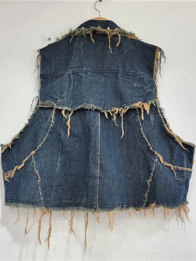 Pre Order:  Vintage Flower Sequin Diamond Loose Denim Vest