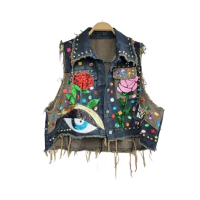 Pre Order:  Vintage Flower Sequin Diamond Loose Denim Vest