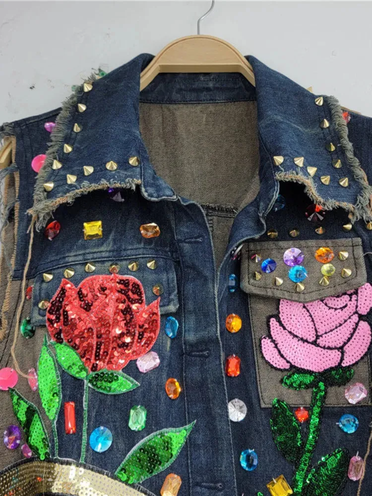 Pre Order:  Vintage Flower Sequin Diamond Loose Denim Vest