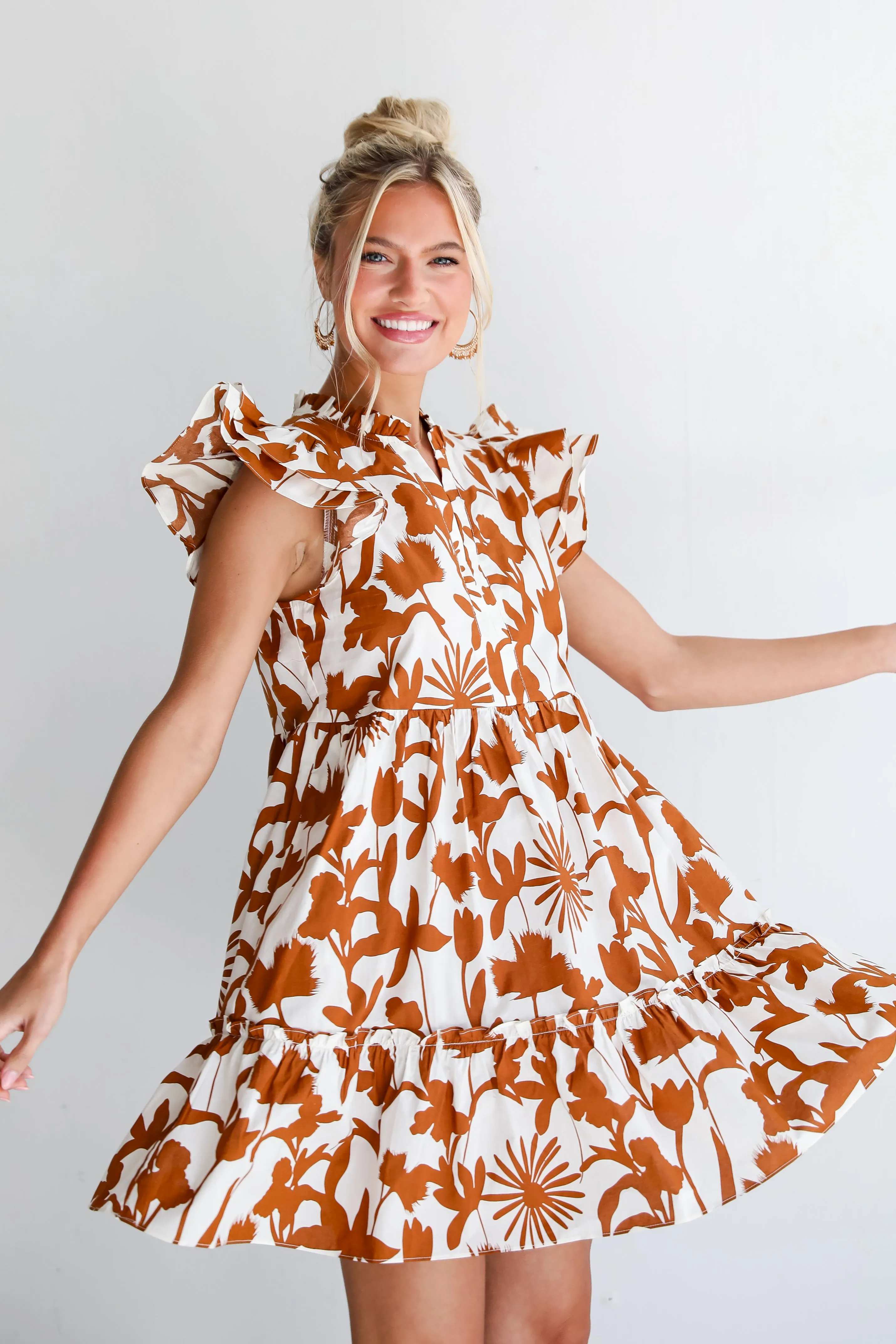 Pretty Whimsy Brown Floral Mini Dress