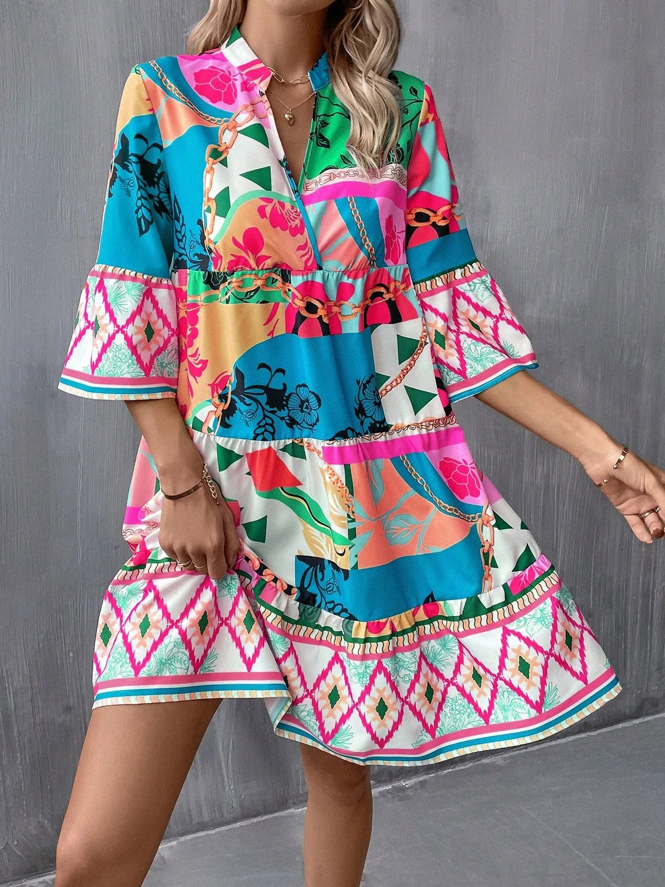 Printed Patchwork Flounce Sleeve Babydoll Dress With Peter Pan Neck