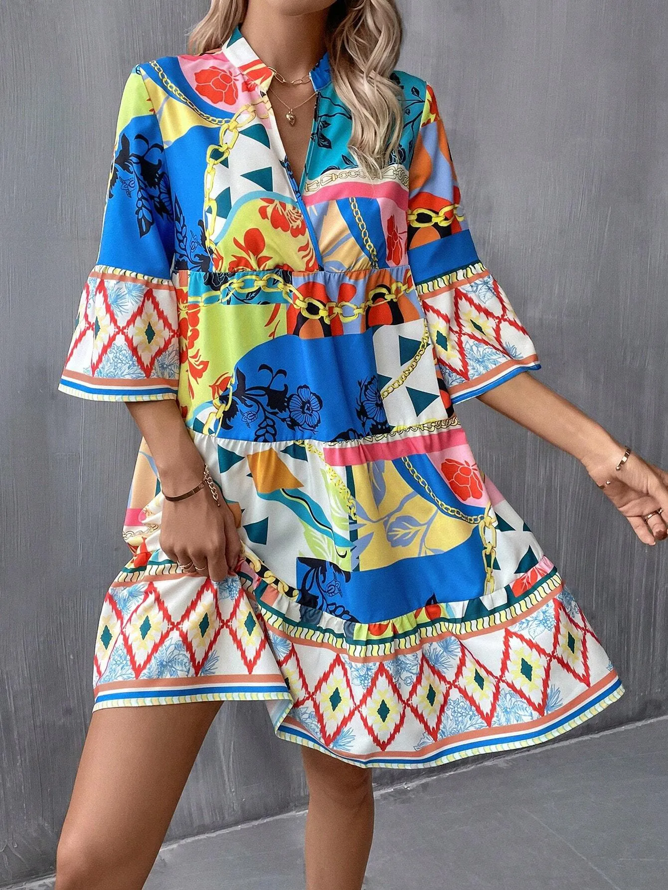 Printed Patchwork Flounce Sleeve Babydoll Dress With Peter Pan Neck