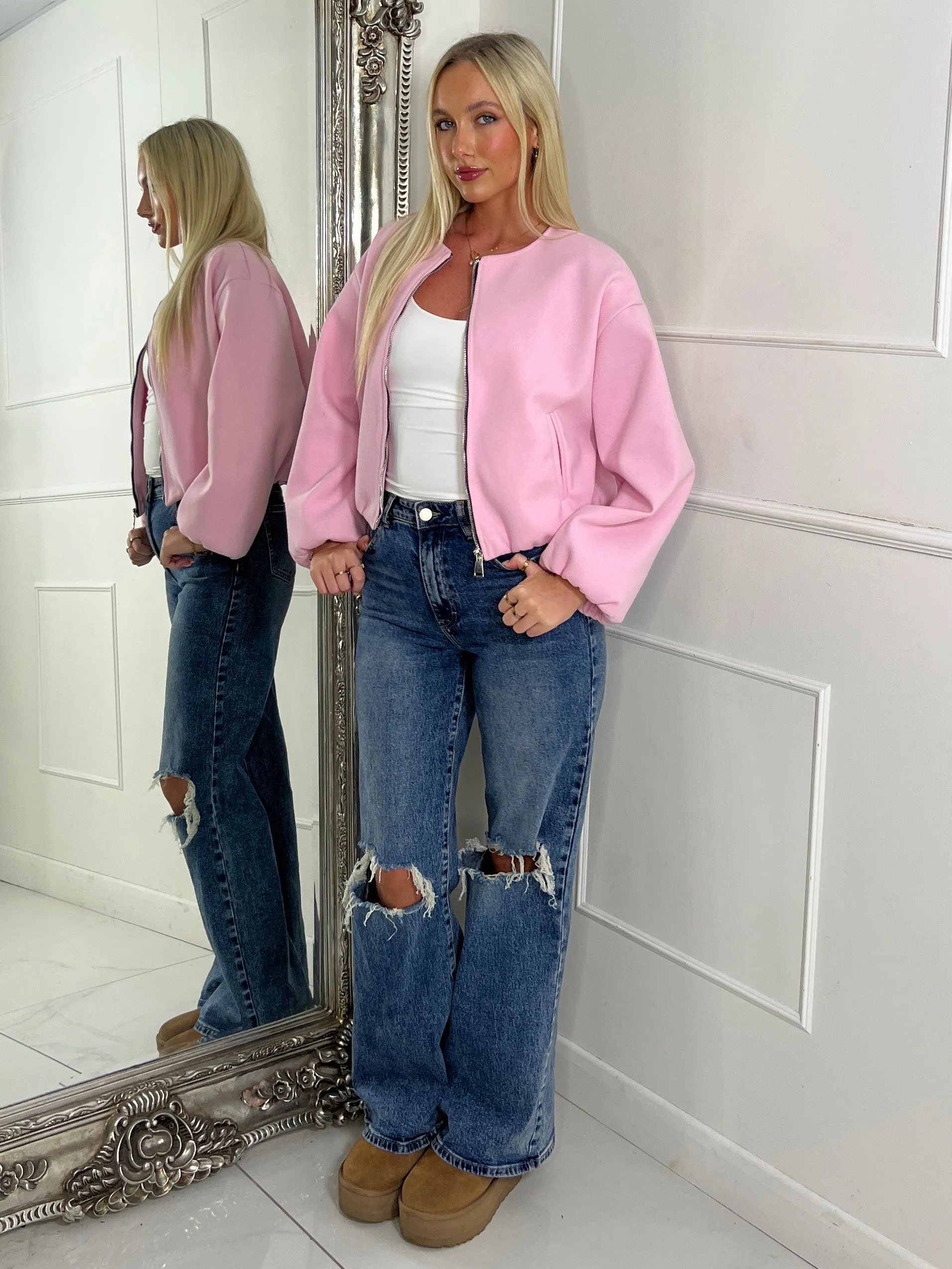 Puff Sleeve Bomber Jacket - Baby Pink