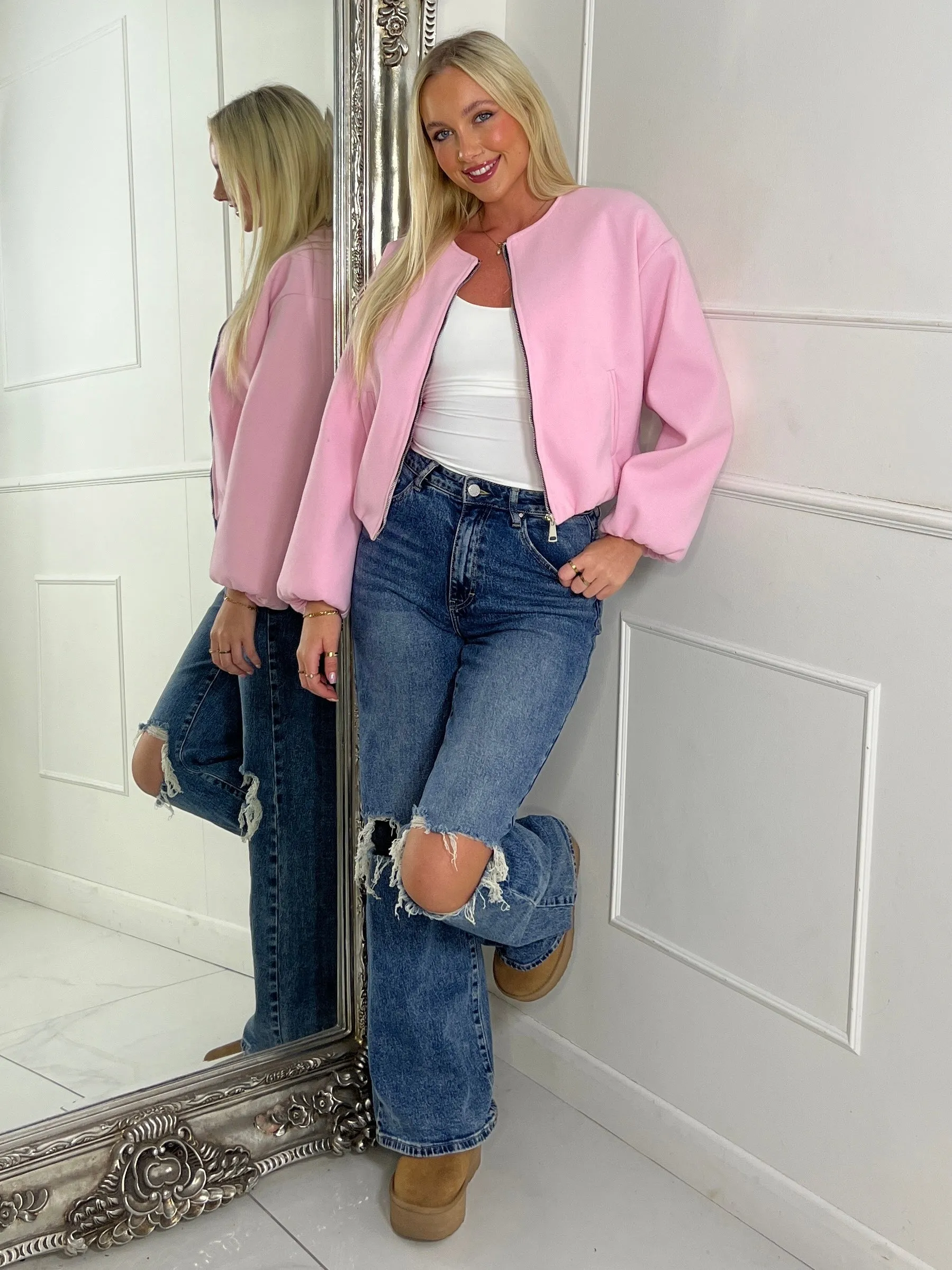 Puff Sleeve Bomber Jacket - Baby Pink