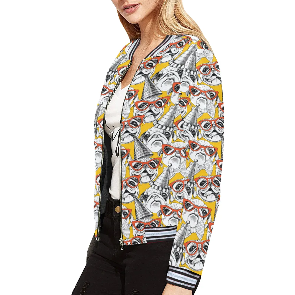 Pug Party All Over Print Bomber Jacket for Women