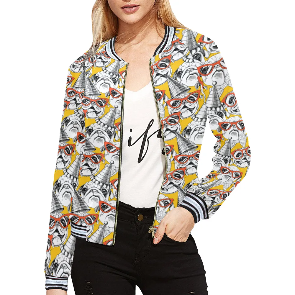 Pug Party All Over Print Bomber Jacket for Women