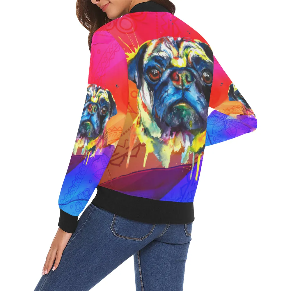 pug wwater color All Over Print Bomber Jacket for Women (Model H19)