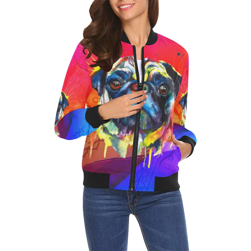 pug wwater color All Over Print Bomber Jacket for Women (Model H19)