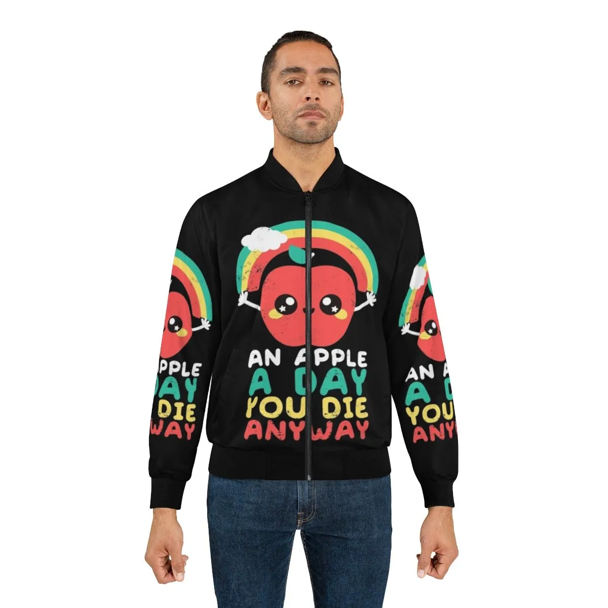 "An Apple a Day, You Die Anyway" Dark Humor Bomber Jacket