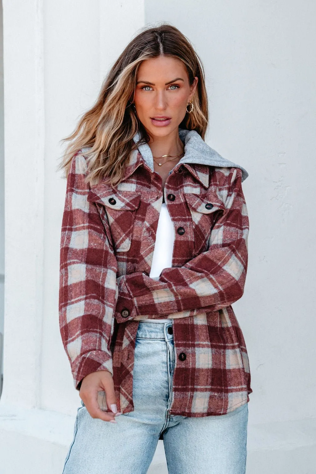 Red Plaid Hooded Shacket - FINAL SALE