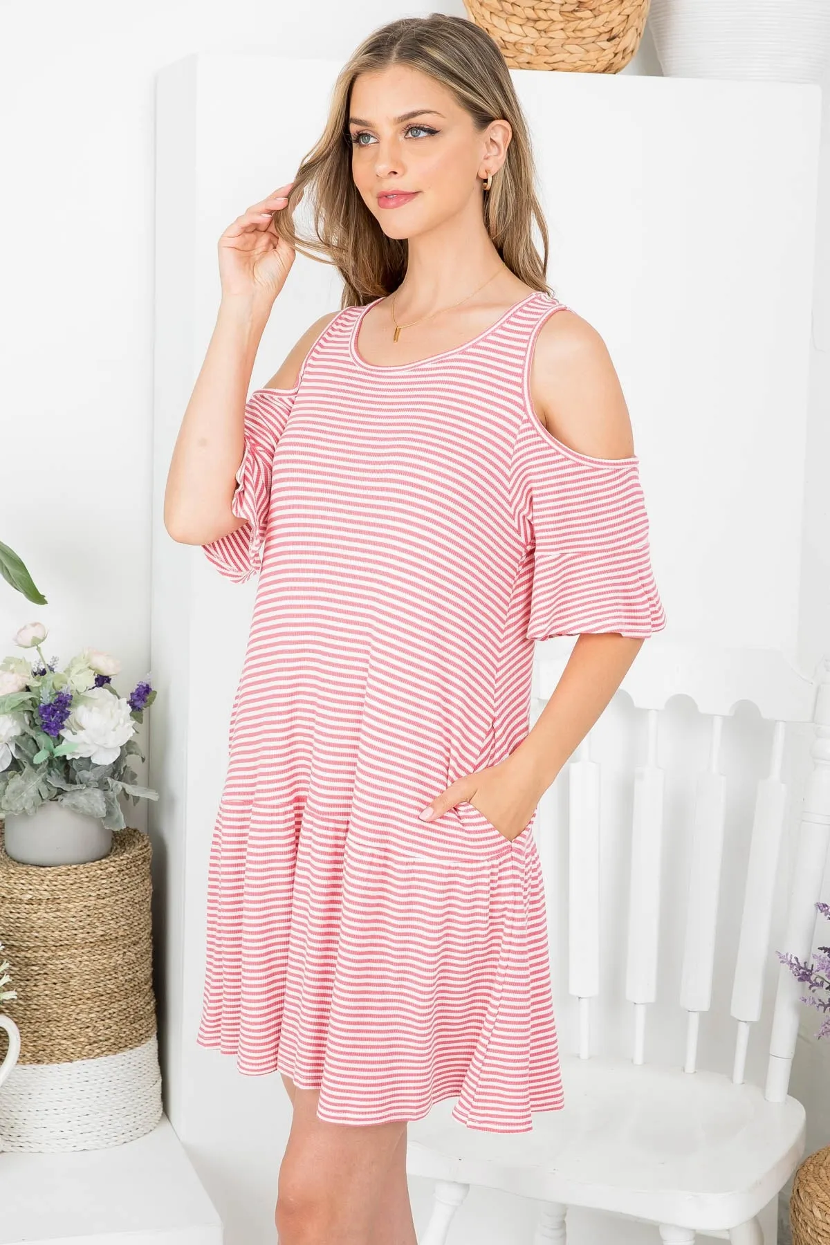 RED THERMAL STRIPE COLD SHOULDER TIERED KNIT DRESS 2-2-2 (NOW $3.25 ONLY!)