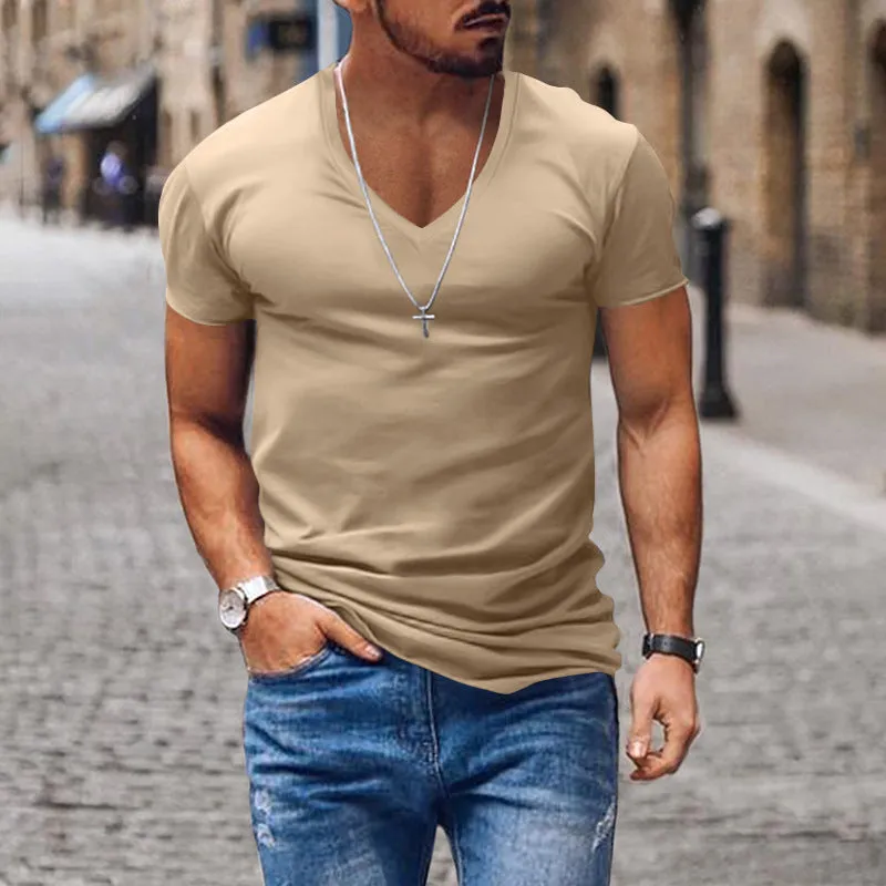 Riolio Men's T-shirt Summer Men's V-neck Solid Color Slim Thin Casual T-shirt Short Sleeve Top