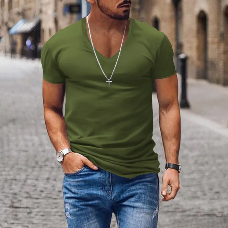 Riolio Men's T-shirt Summer Men's V-neck Solid Color Slim Thin Casual T-shirt Short Sleeve Top