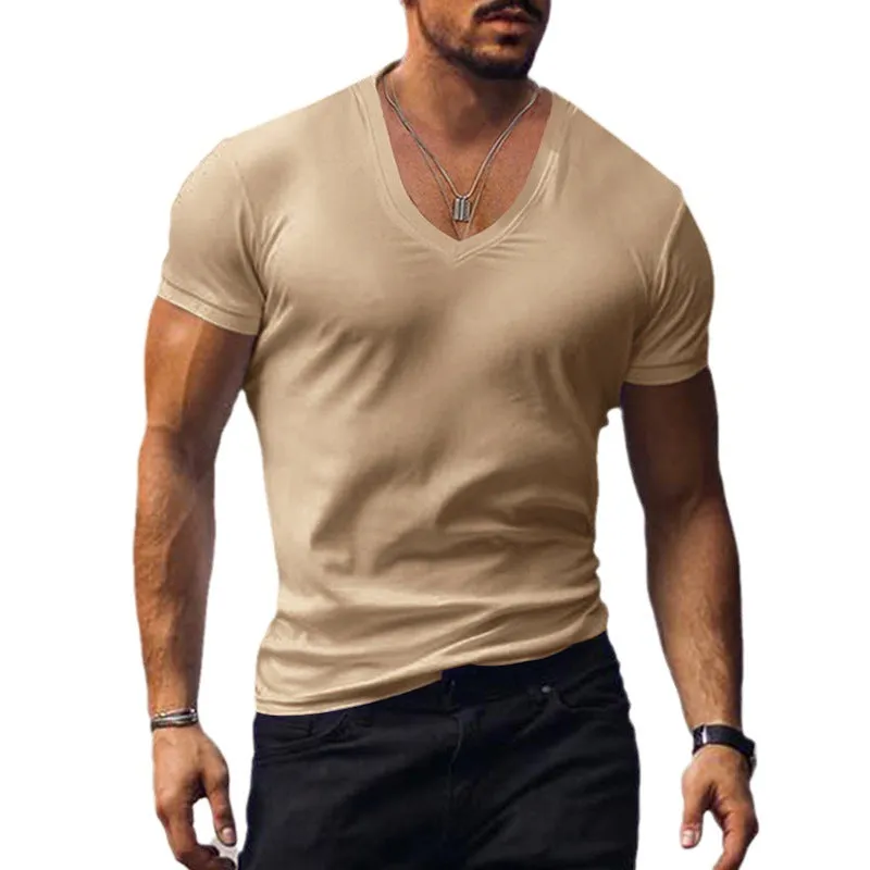 Riolio Men's T-shirt Summer Men's V-neck Solid Color Slim Thin Casual T-shirt Short Sleeve Top