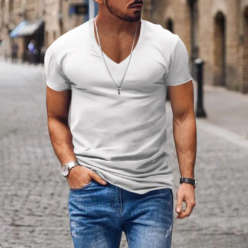 Riolio Men's T-shirt Summer Men's V-neck Solid Color Slim Thin Casual T-shirt Short Sleeve Top