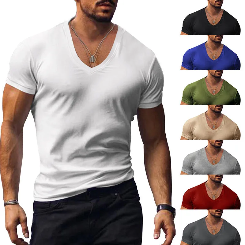 Riolio Men's T-shirt Summer Men's V-neck Solid Color Slim Thin Casual T-shirt Short Sleeve Top