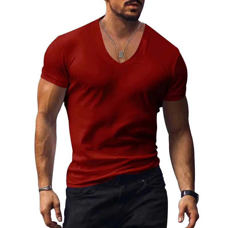 Riolio Men's T-shirt Summer Men's V-neck Solid Color Slim Thin Casual T-shirt Short Sleeve Top