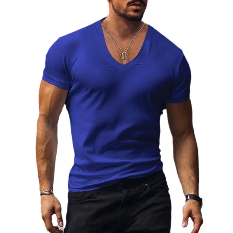 Riolio Men's T-shirt Summer Men's V-neck Solid Color Slim Thin Casual T-shirt Short Sleeve Top