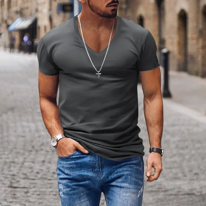 Riolio Men's T-shirt Summer Men's V-neck Solid Color Slim Thin Casual T-shirt Short Sleeve Top