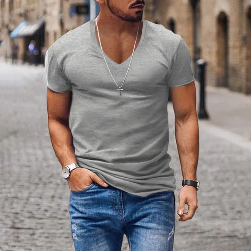 Riolio Men's T-shirt Summer Men's V-neck Solid Color Slim Thin Casual T-shirt Short Sleeve Top