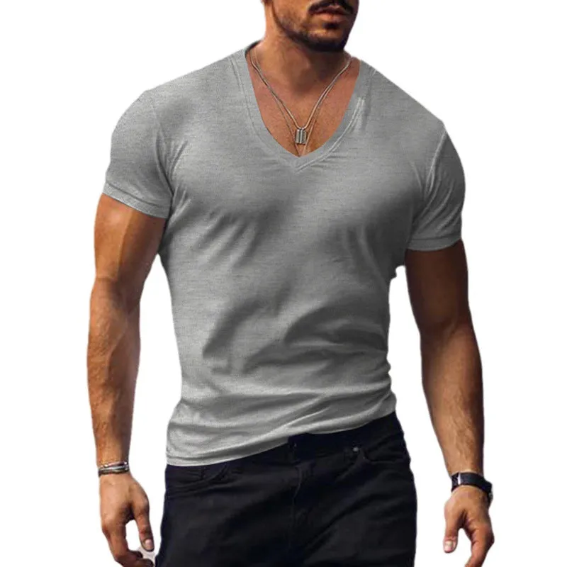 Riolio Men's T-shirt Summer Men's V-neck Solid Color Slim Thin Casual T-shirt Short Sleeve Top