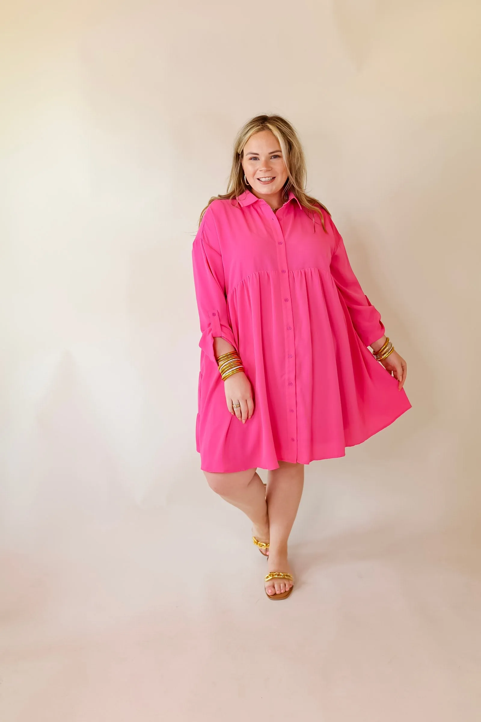 Risky Business Button Up Babydoll Dress in Pink