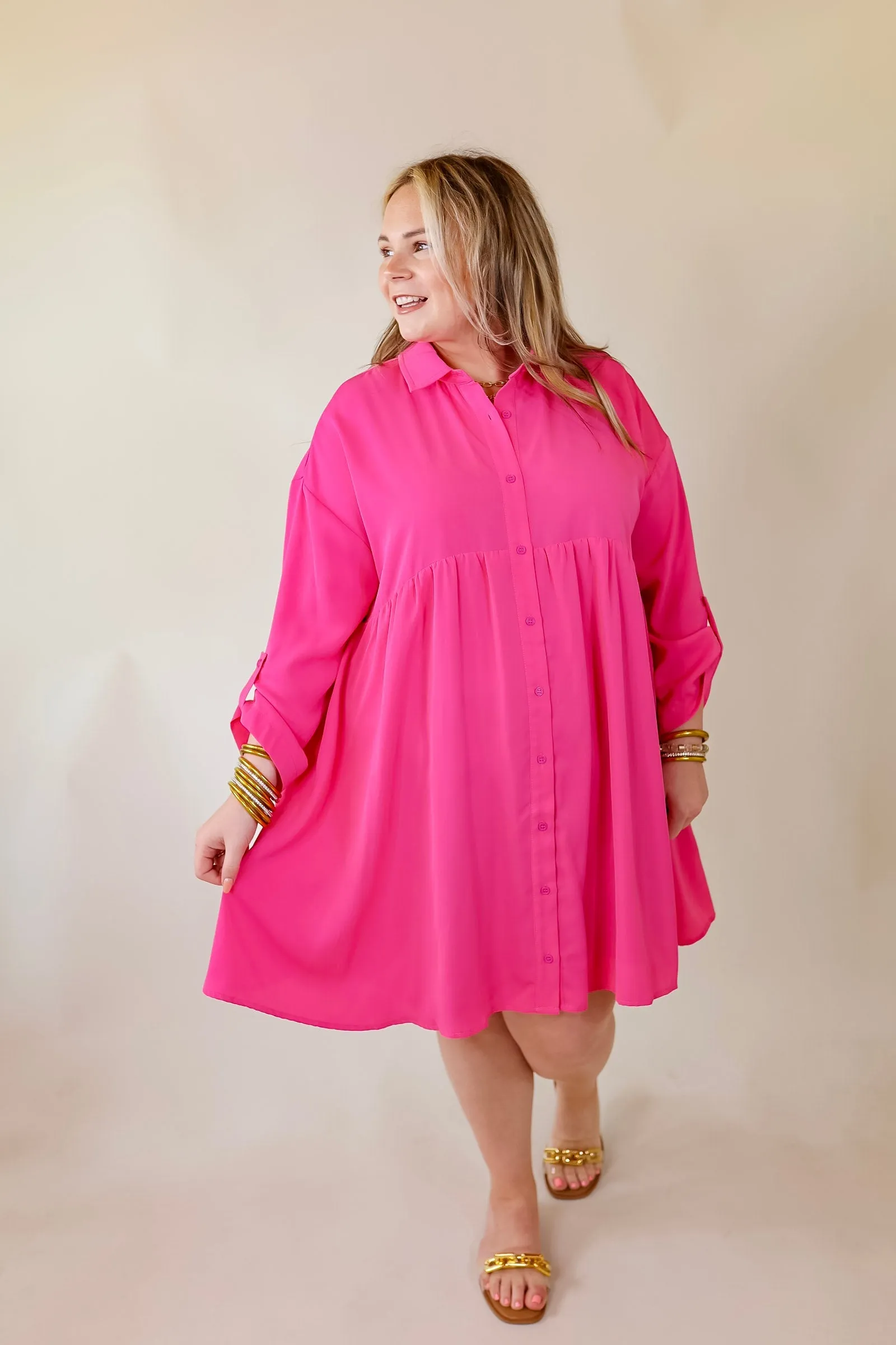 Risky Business Button Up Babydoll Dress in Pink