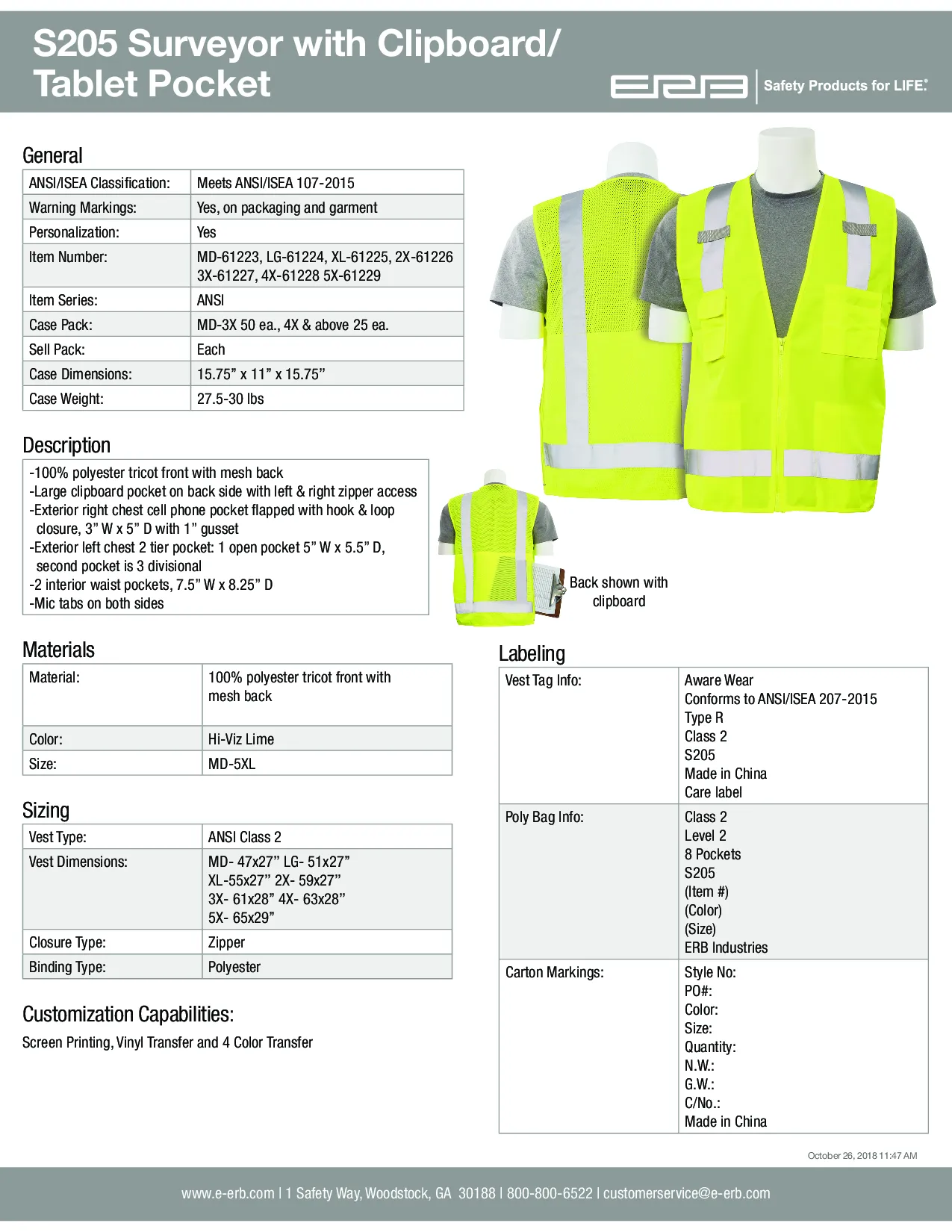 S205 Class 2 Surveyor's Safety Vest with Tablet Pocket 1PC