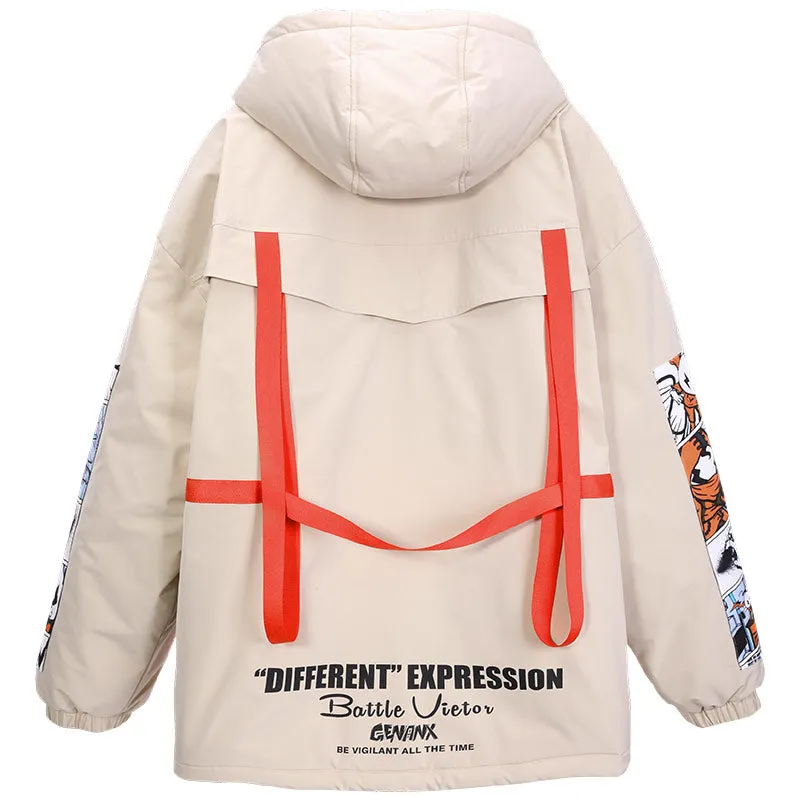 Safari Style Cartoon Print Hooded Padded Coat