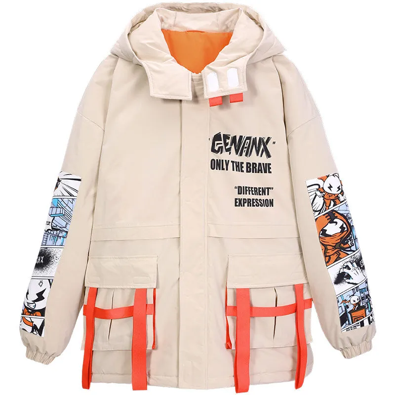 Safari Style Cartoon Print Hooded Padded Coat