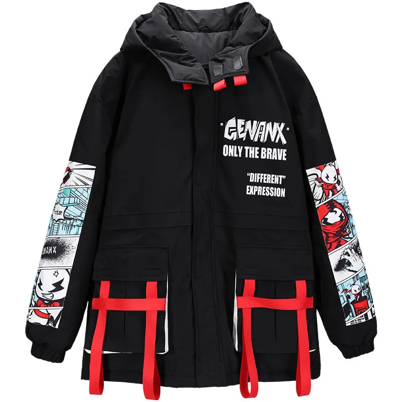 Safari Style Cartoon Print Hooded Padded Coat