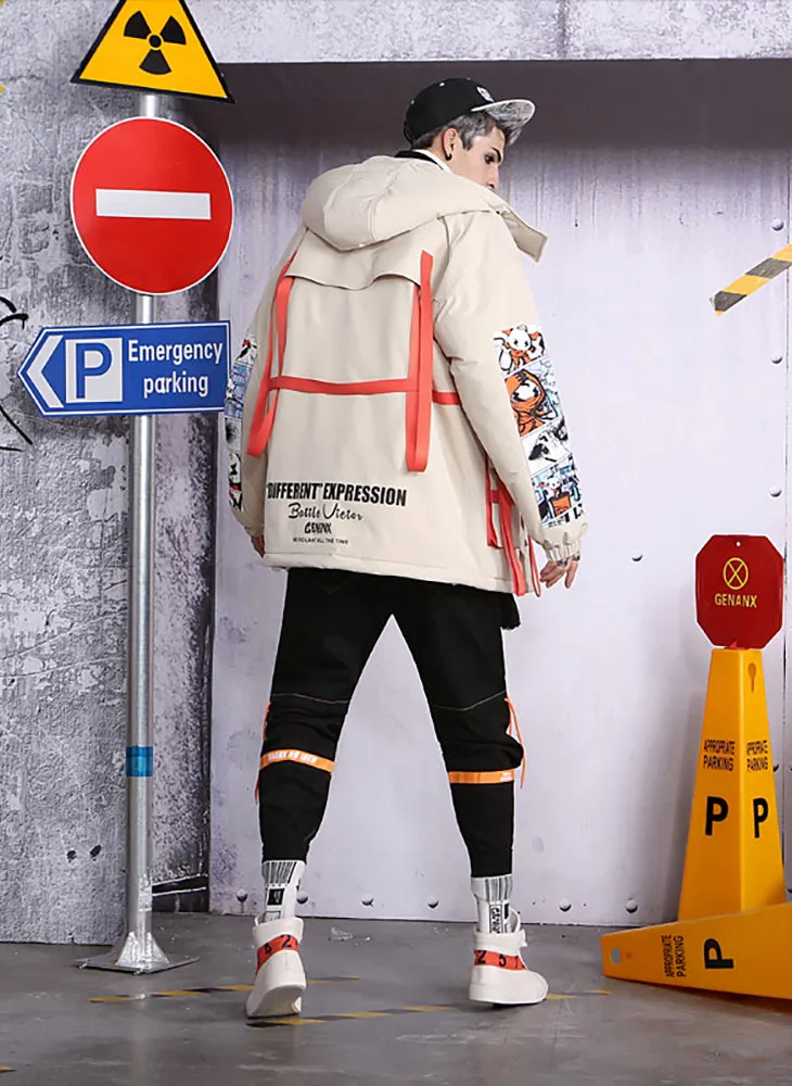 Safari Style Cartoon Print Hooded Padded Coat