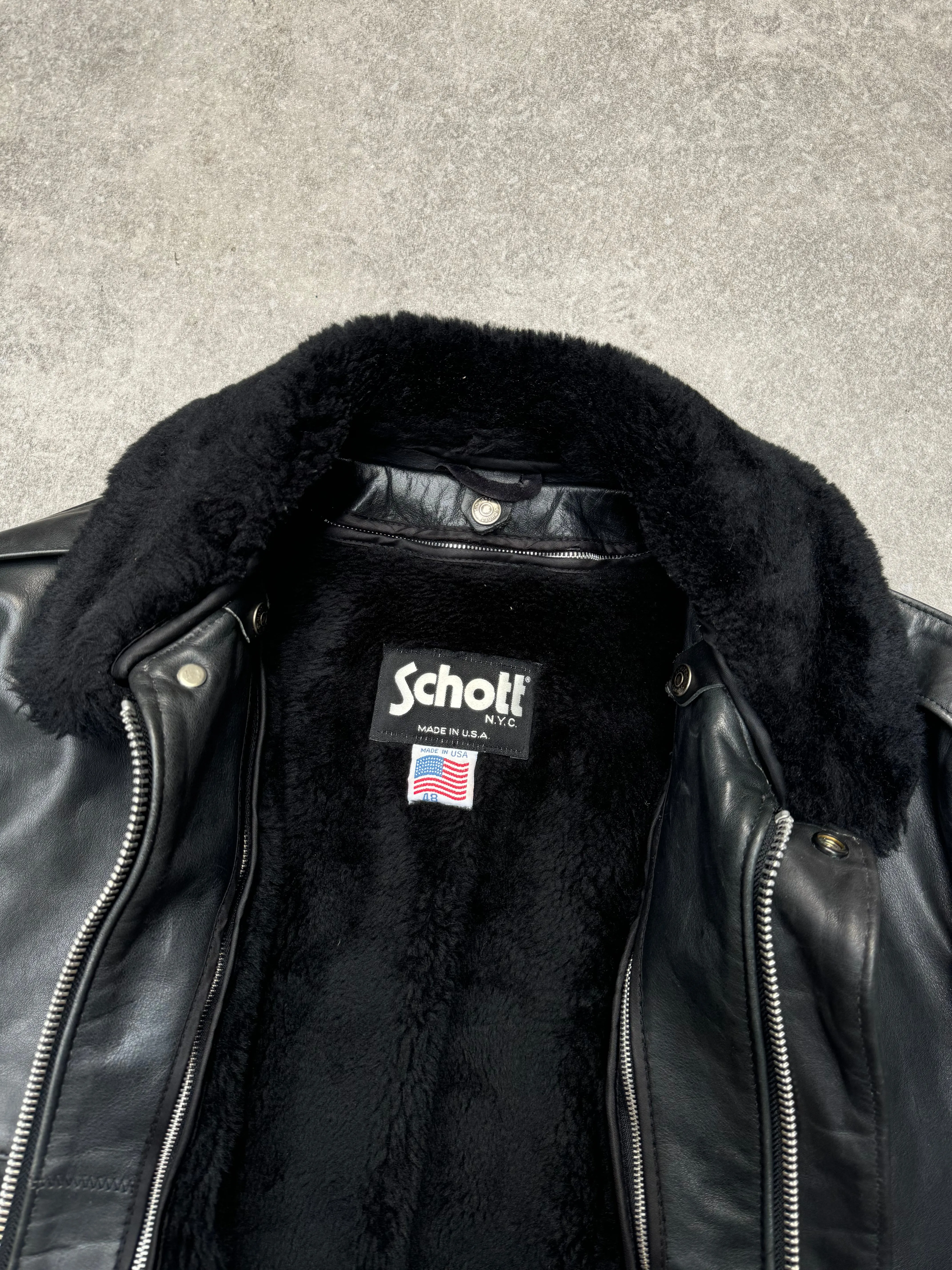 Schott Detachable Faux Shealing Lined Leather Bomber Jacket