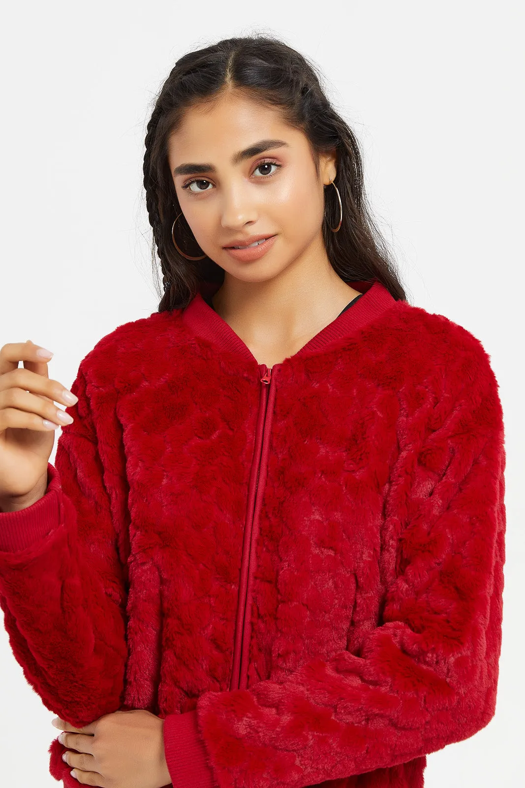 Senior Girls Burgundy Fur Bomber Jacket