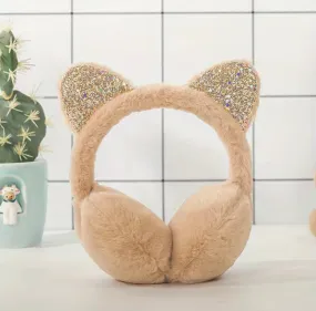 Sequin Cat Ears Earmuffs Khaki