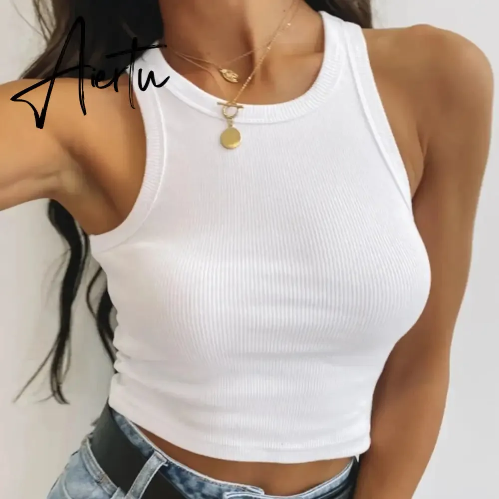 Sexy summer women collar vest showing navel bustier Breathable foursided elastic rib knitted fabric tank top women  Club  Street