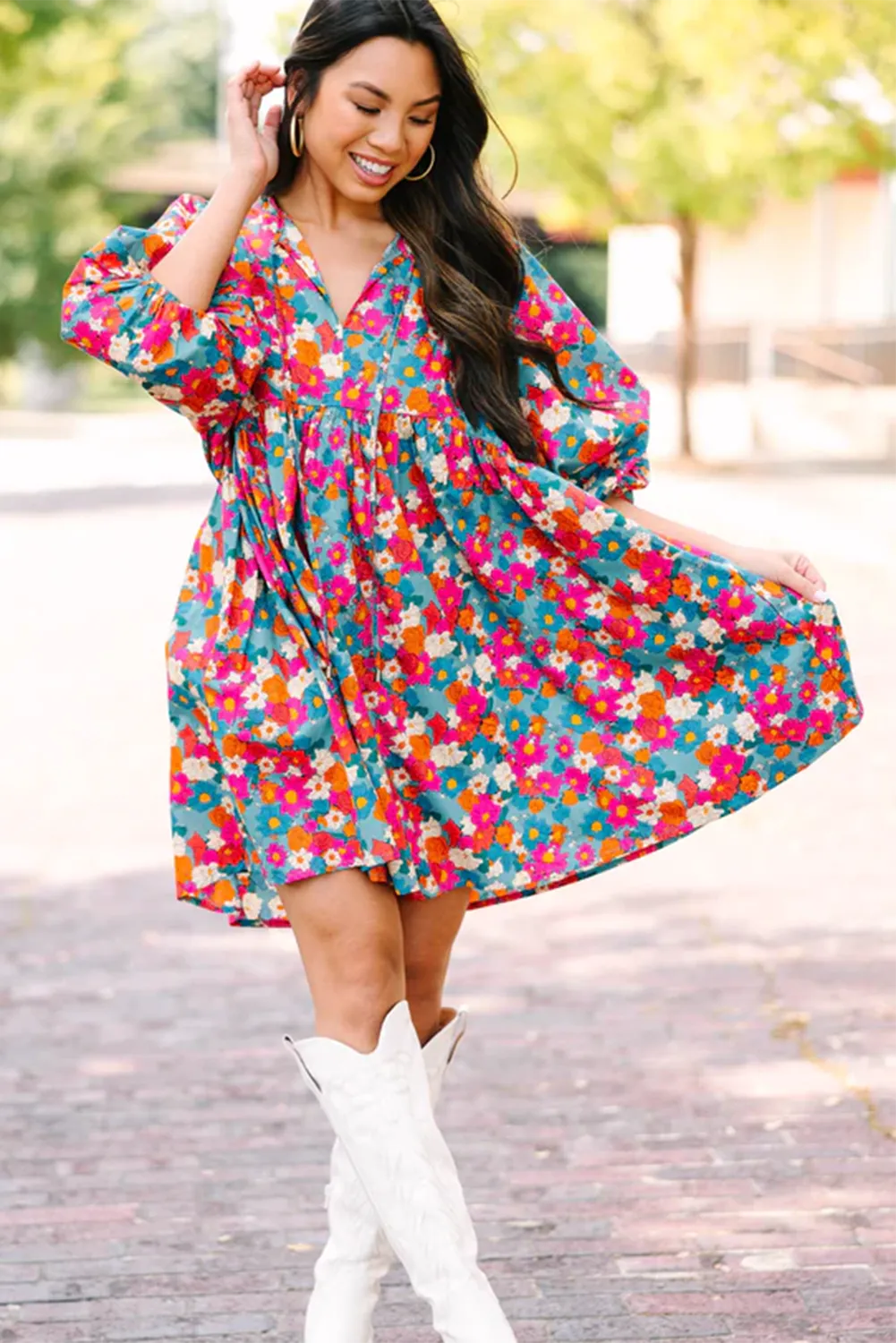 Sky Blue Boho Floral Print V Neck Lantern Sleeve Babydoll Dress