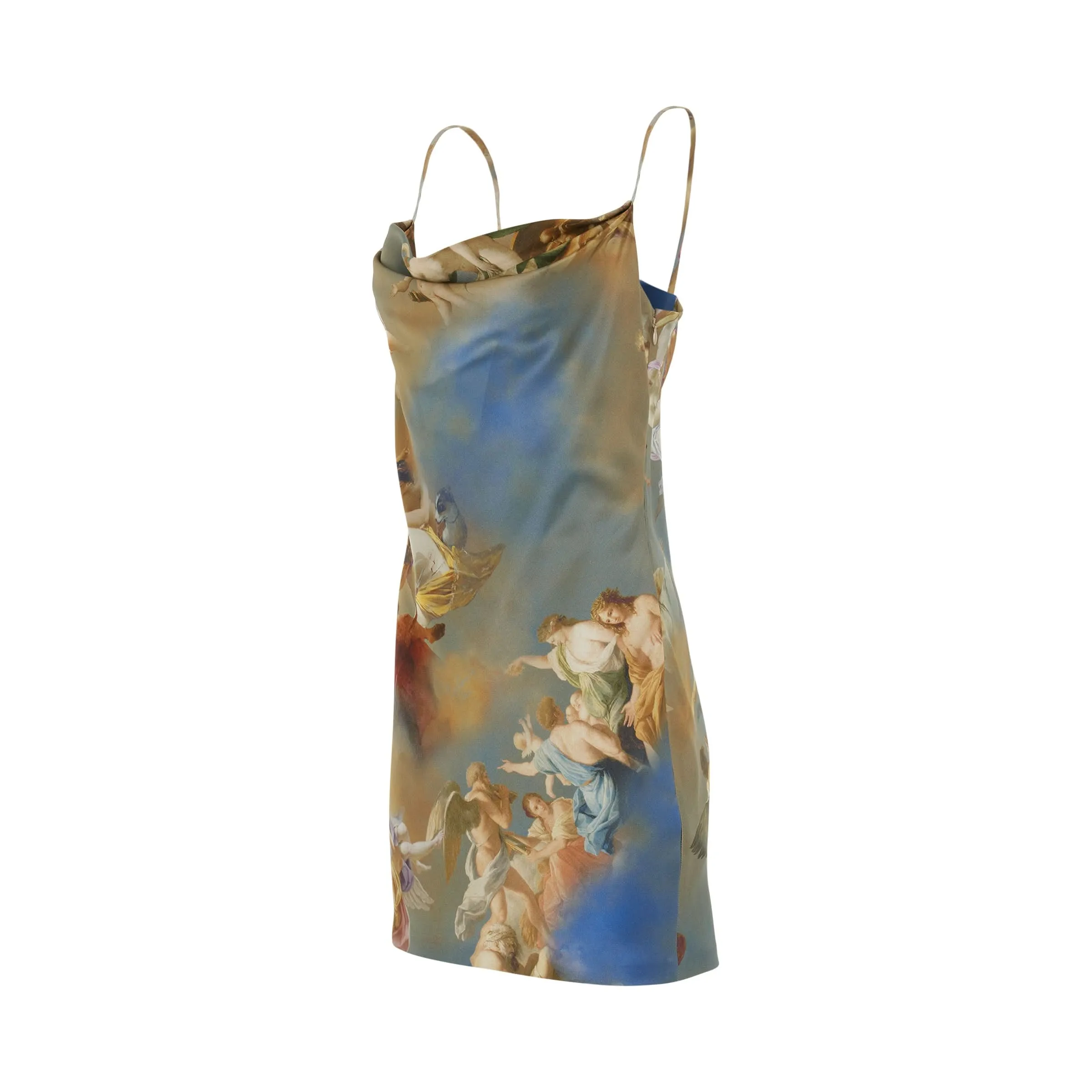 Sky Printed Cowl Neck Babydoll Dress in Blue/Multicolour