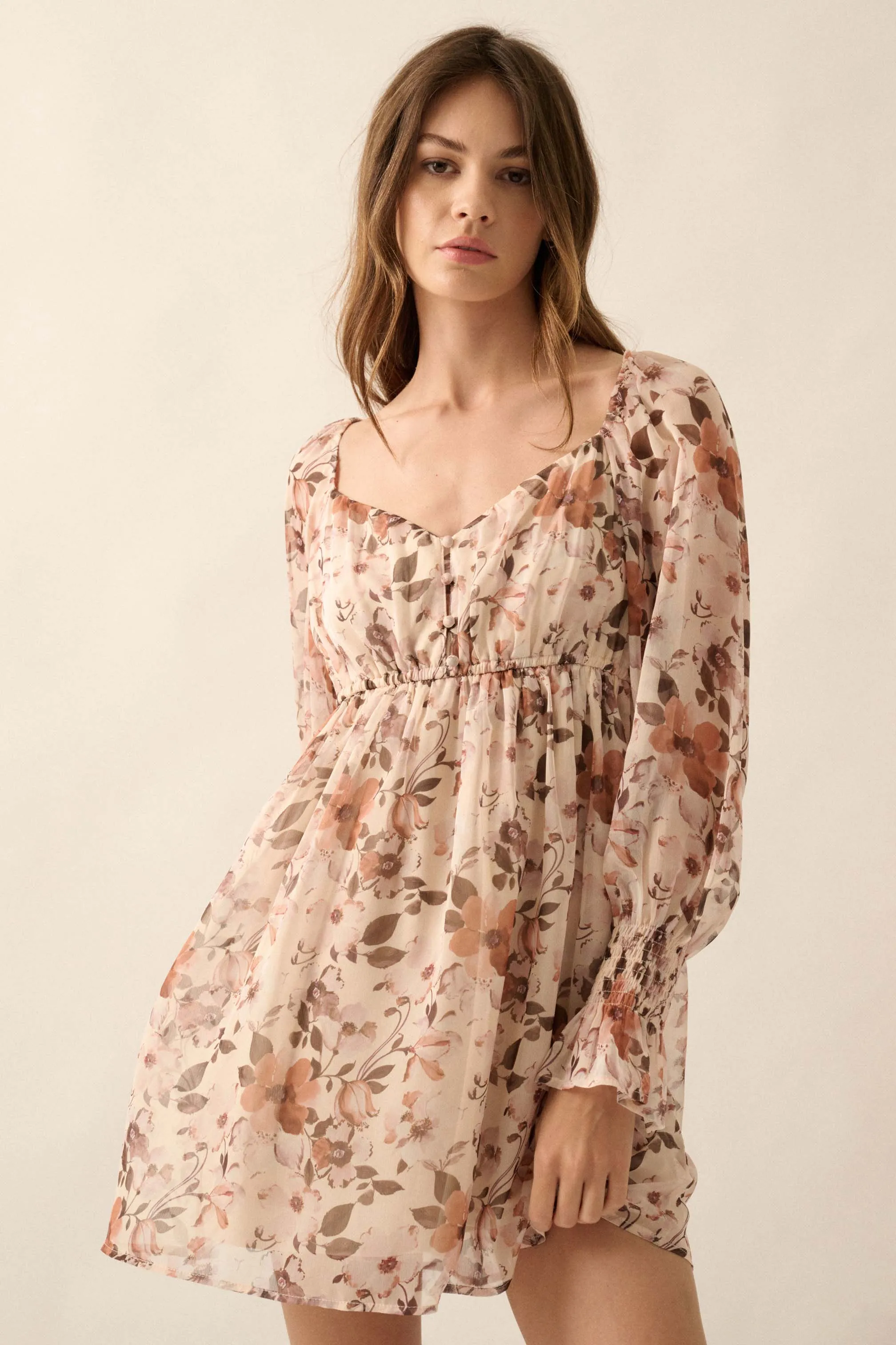 Soft Petals Floral Chiffon Babydoll Mini Dress