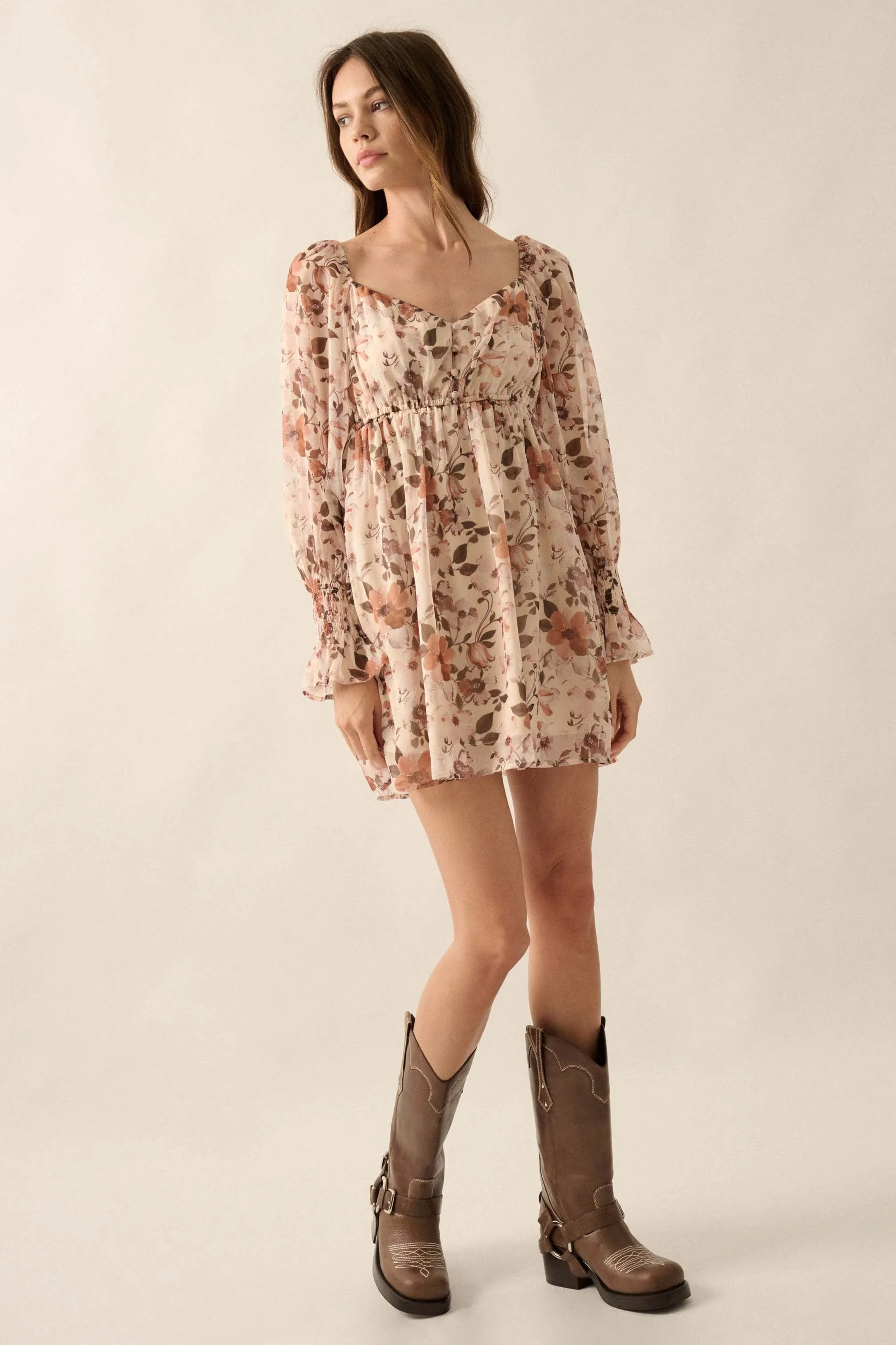 Soft Petals Floral Chiffon Babydoll Mini Dress