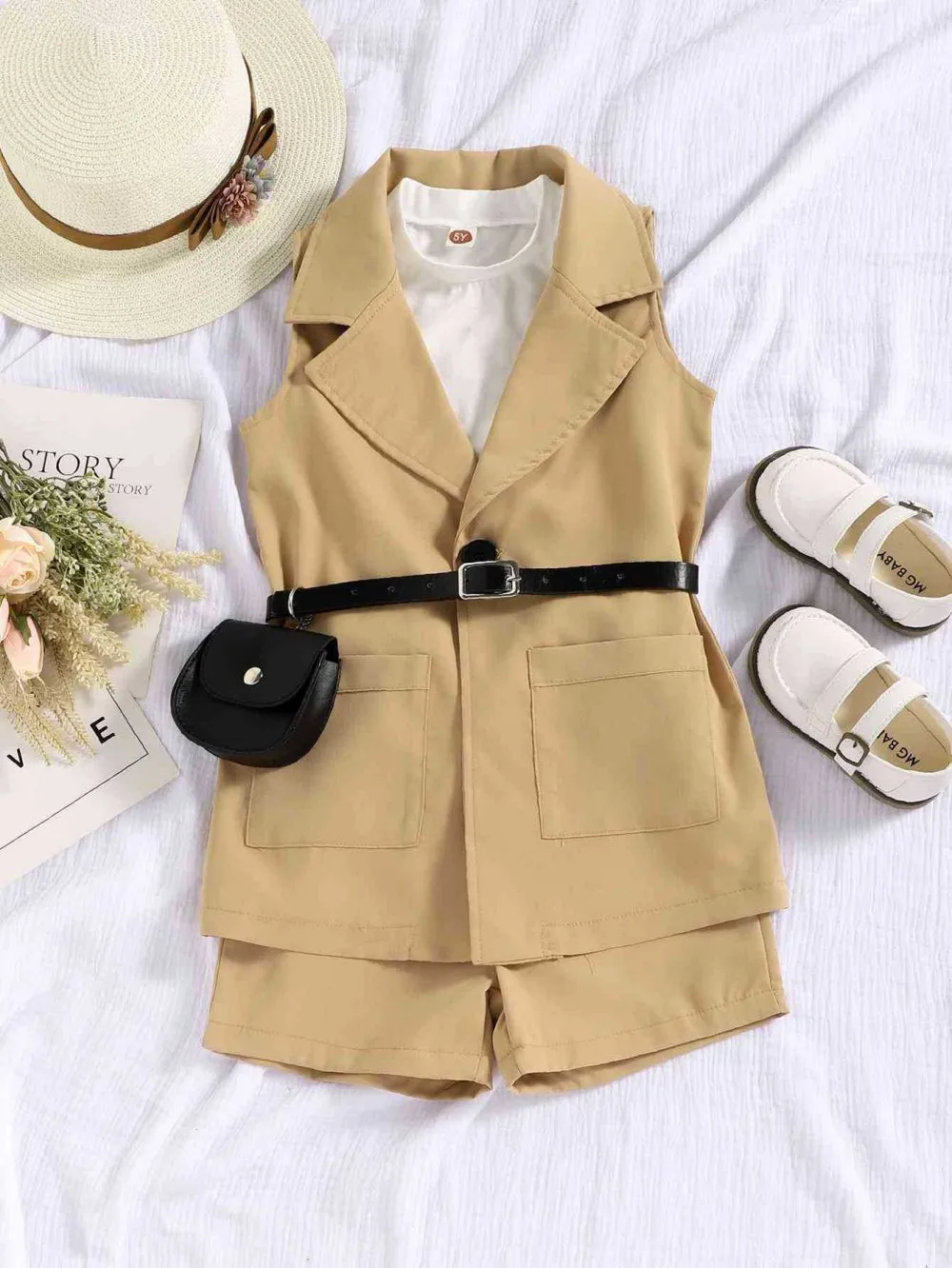 Spring And Summer Girls' Sleeveless Vest Suit Long Waistcoat Shorts Waist Pack Four-piece Suit Wholesale