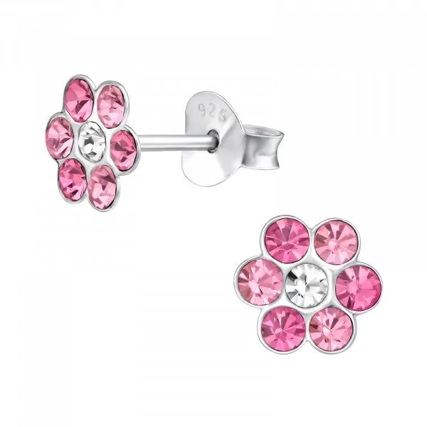 Sterling Silver Pink Flower Ear Studs With Crystal