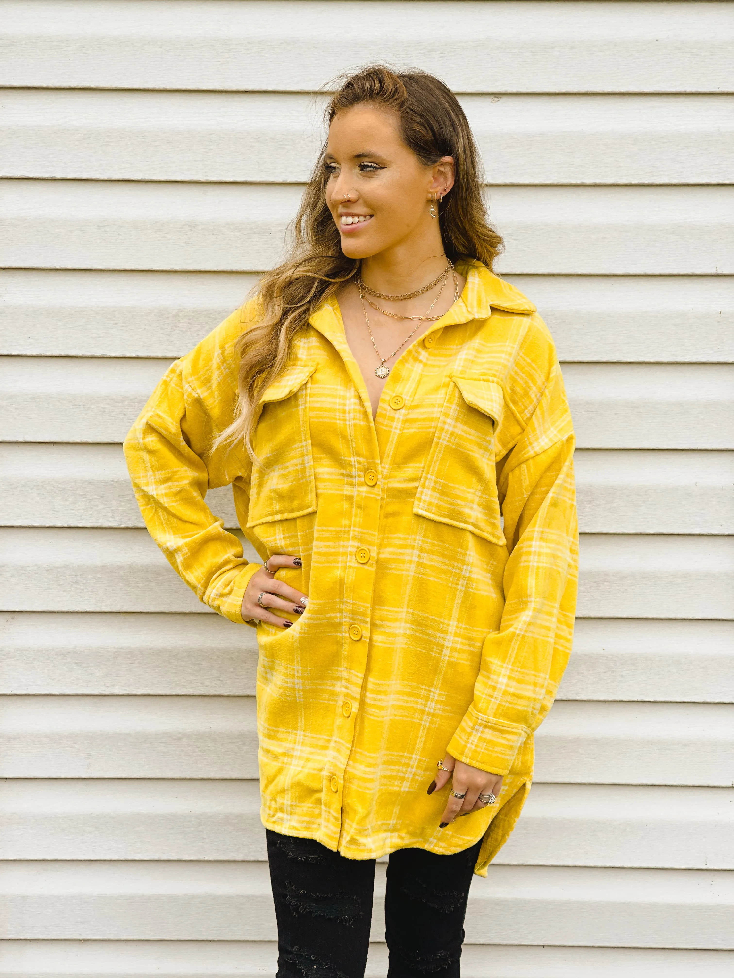 Sunflower Gold Plaid Loose-Fit Shacket