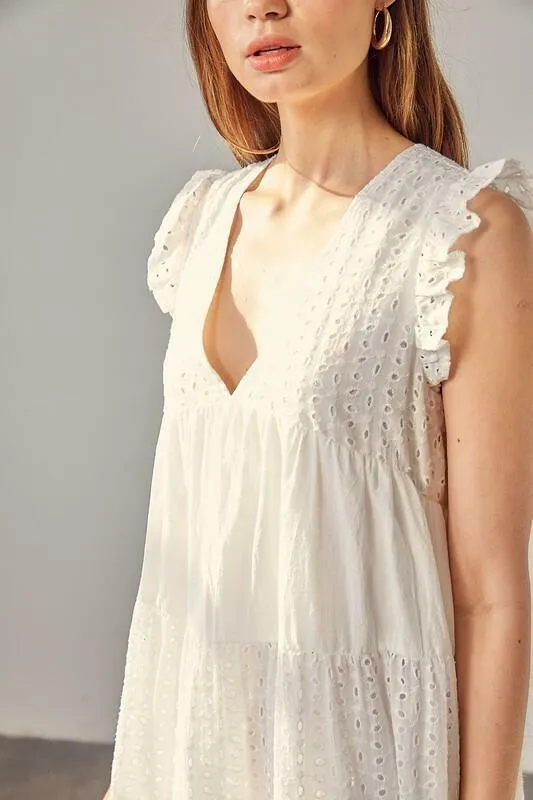 Sweet Caroline White Mixed Media Eyelet Romper Dress