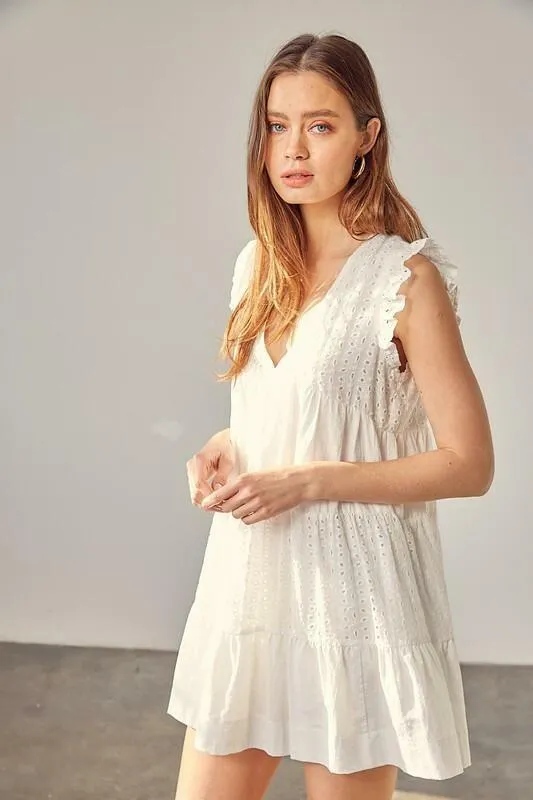 Sweet Caroline White Mixed Media Eyelet Romper Dress