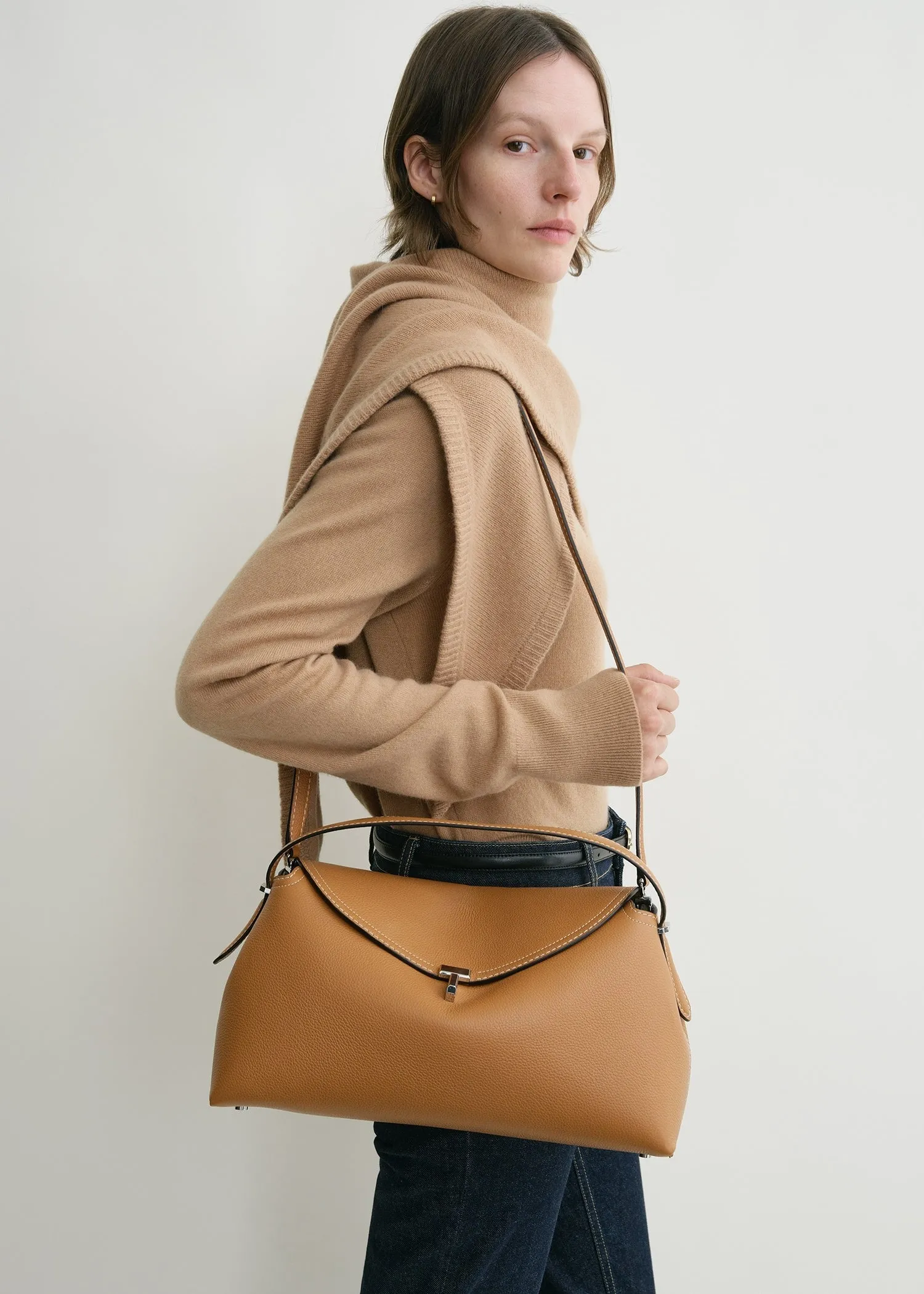 T-Lock grained-leather top handle tan